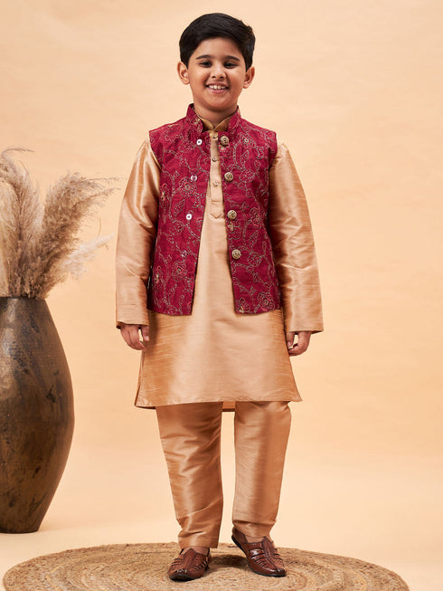 Vastramay Boy's Maroon Woven Jacket With Rose Gold Kurta and Pyjama Set
