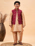 Vastramay Boy's Maroon Woven Jacket With Rose Gold Kurta and Pyjama Set