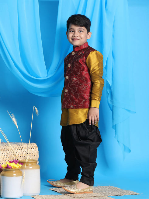 JBN CREATION Boy's Maroon Embroidered Nehru Jacket With Mustard Kurta And Black Dhoti Set