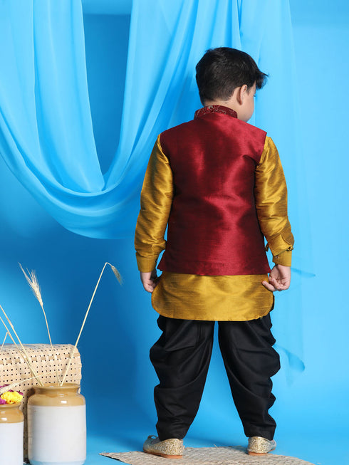 JBN CREATION Boy's Maroon Embroidered Nehru Jacket With Mustard Kurta And Black Dhoti Set