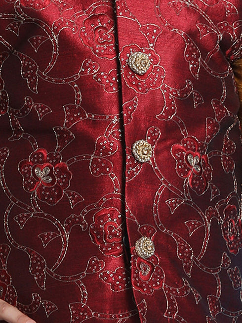 JBN CREATION Boy's Maroon Embroidered Nehru Jacket With Mustard Kurta And Black Dhoti Set