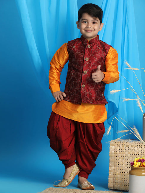 JBN CREATION Boy's Maroon Embroidered Nehru Jacket With Orange Kurta And Maroon Dhoti Set
