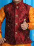 JBN CREATION Boy's Maroon Embroidered Nehru Jacket With Orange Kurta And Maroon Dhoti Set
