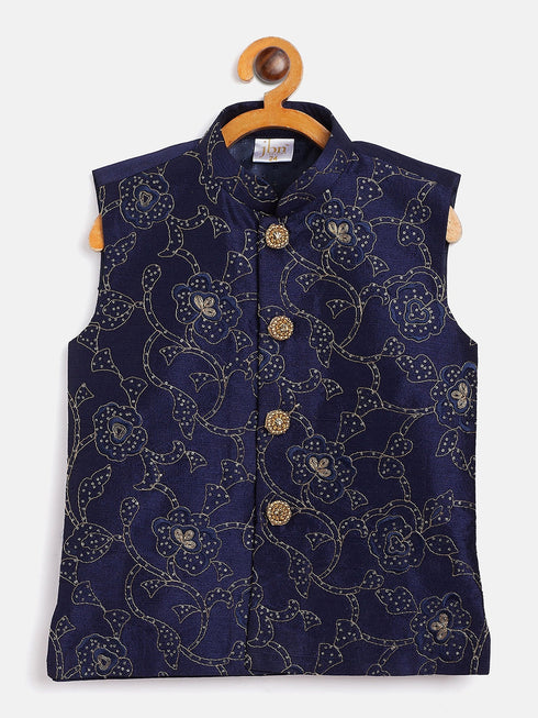 JBN CREATION Boy's Navy Blue Silk Blend Embroidered Nehru Jacket