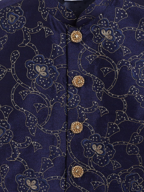 JBN CREATION Boy's Navy Blue Silk Blend Embroidered Nehru Jacket