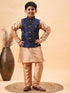 Vastramay Boy's Navy Blue Nehru Jacket With Rose Gold Kurta And Pyjama Set