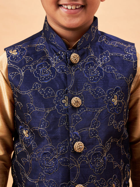Vastramay Boy's Navy Blue Nehru Jacket With Rose Gold Kurta And Pyjama Set