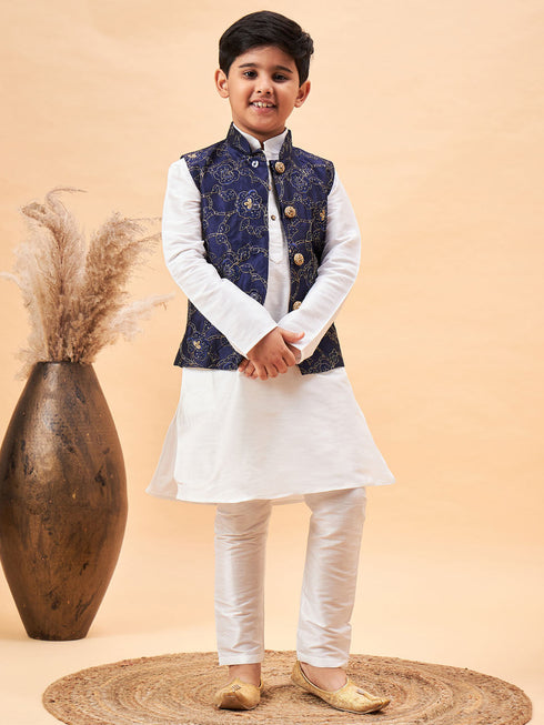 Vastramay Boy's Navy Blue Nehru Jacket With White Kurta And Pyjama Set