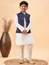 Vastramay Boy's Navy Blue Nehru Jacket With White Kurta And Pyjama Set