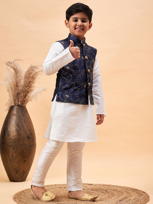 Vastramay Boy's Navy Blue Nehru Jacket With White Kurta And Pyjama Set