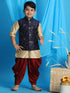 JBN CREATION Boy's Navy Blue Embroidered Nehru Jacket With Gold Kurta And Maroon Dhoti Set