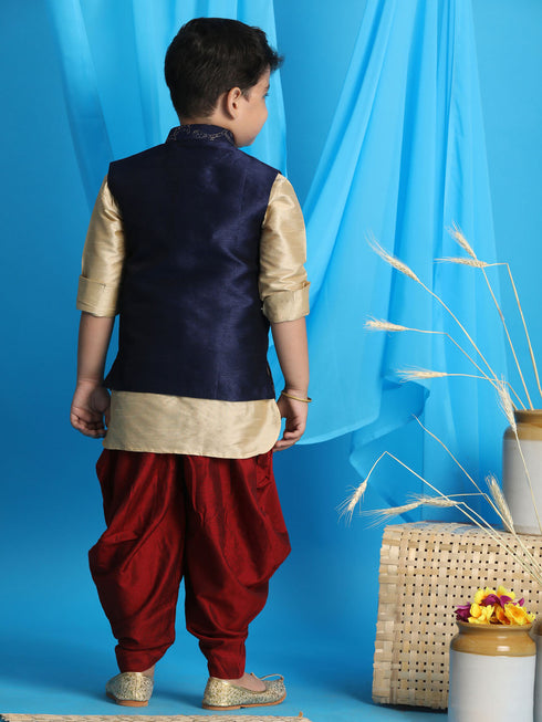JBN CREATION Boy's Navy Blue Embroidered Nehru Jacket With Gold Kurta And Maroon Dhoti Set