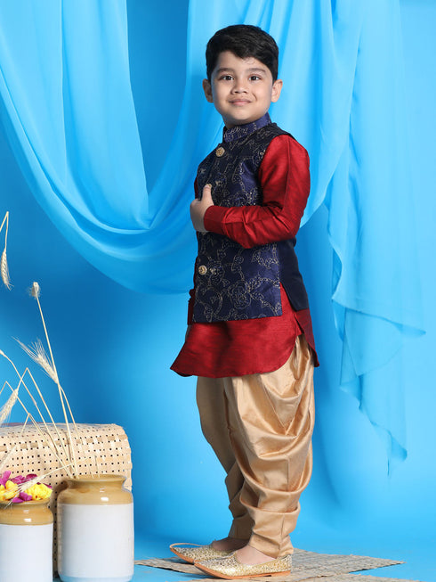 JBN CREATION Boy's Navy Blue Embroidered Nehru Jacket With Maroon Kurta And Rose Gold Dhoti Set