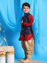 JBN CREATION Boy's Navy Blue Embroidered Nehru Jacket With Maroon Kurta And Rose Gold Dhoti Set
