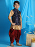 JBN CREATION Boy's Navy Blue Embroidered Nehru Jacket With Rose Gold Kurta And Maroon Dhoti Set