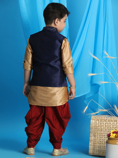 JBN CREATION Boy's Navy Blue Embroidered Nehru Jacket With Rose Gold Kurta And Maroon Dhoti Set