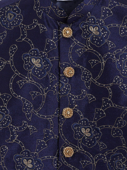 JBN CREATION Boy's Navy Blue Embroidered Nehru Jacket With Rose Gold Kurta And Maroon Dhoti Set