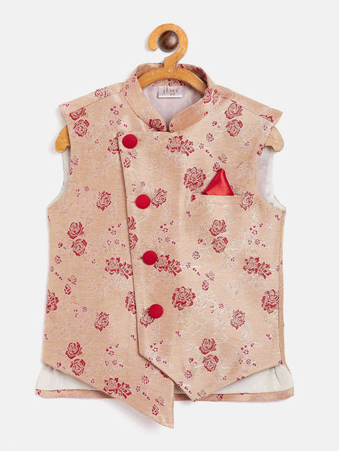 JBN CREATION Boy's Maroon Asymmetric Banarasi Brocade Nehru Jacket