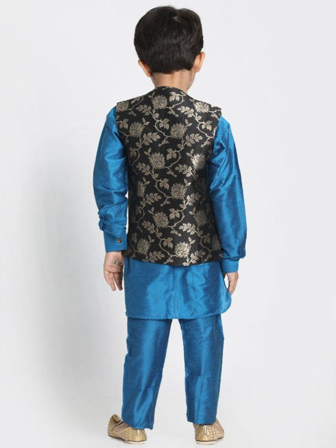 JBN CREATION Boys' Light Blue Cotton Silk Blend Kurta, Nehru Jacket and Pyjama Set