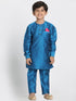 JBN CREATION Boys' Light Blue Cotton Silk Blend Kurta, Nehru Jacket and Pyjama Set