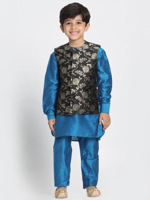 JBN CREATION Boys' Light Blue Cotton Silk Blend Kurta, Nehru Jacket and Pyjama Set