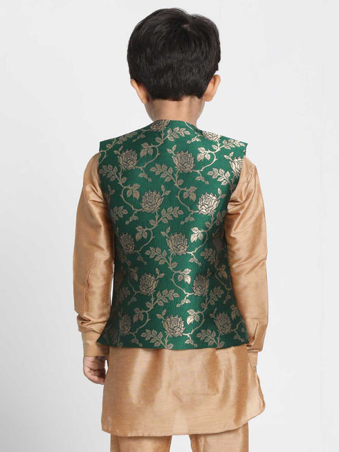 Vastramay Boys' Dark Green Cotton Silk Blend Nehru Jacket