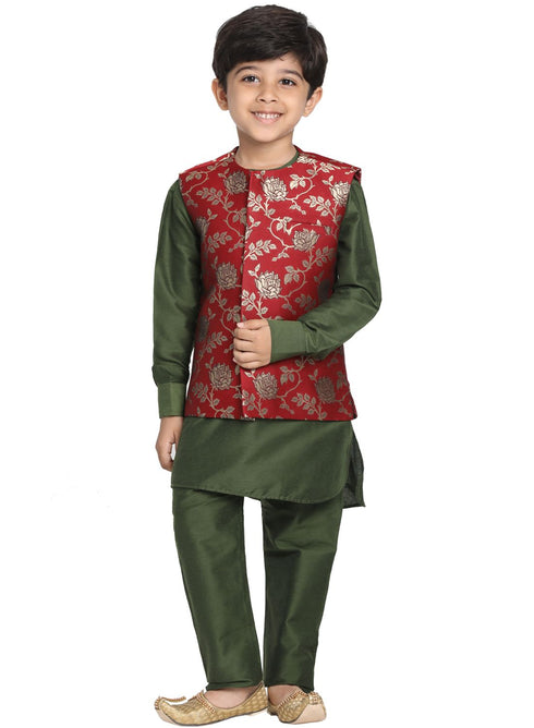 JBN CREATION Boys' Dark Green Cotton Silk Blend Kurta, Nehru Jacket and Pyjama Set