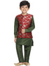 JBN CREATION Boys' Dark Green Cotton Silk Blend Kurta, Nehru Jacket and Pyjama Set