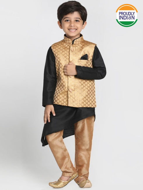 JBN CREATION Boys' Gold Cotton Silk Blend Kurta, Gold Nehru Jacket and Pyjama Set