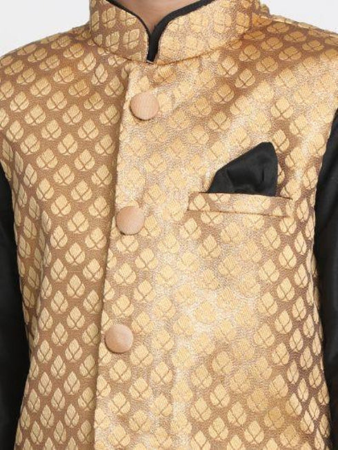 JBN CREATION Boys' Gold Cotton Silk Blend Kurta, Gold Nehru Jacket and Pyjama Set