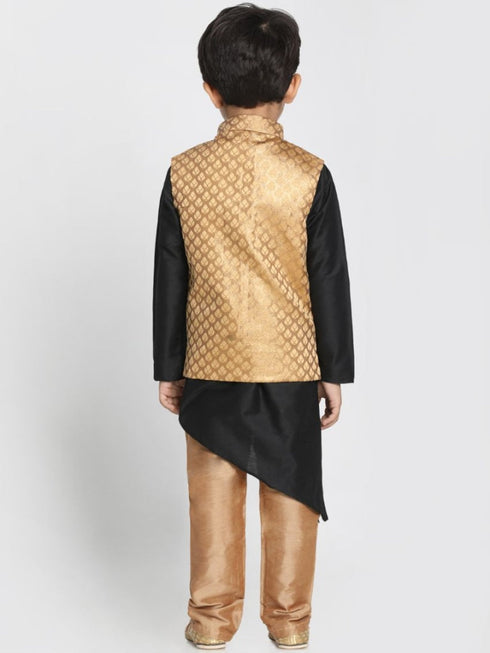 JBN CREATION Boys' Gold Cotton Silk Blend Kurta, Gold Nehru Jacket and Pyjama Set