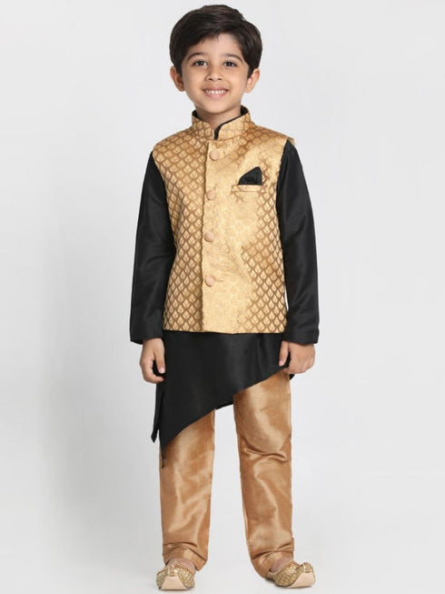 JBN CREATION Boys' Gold Cotton Silk Blend Kurta, Gold Nehru Jacket and Pyjama Set
