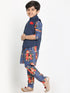 JBN CREATION Blue Twill Jacket, Printed Kurta and Pyjama Set
