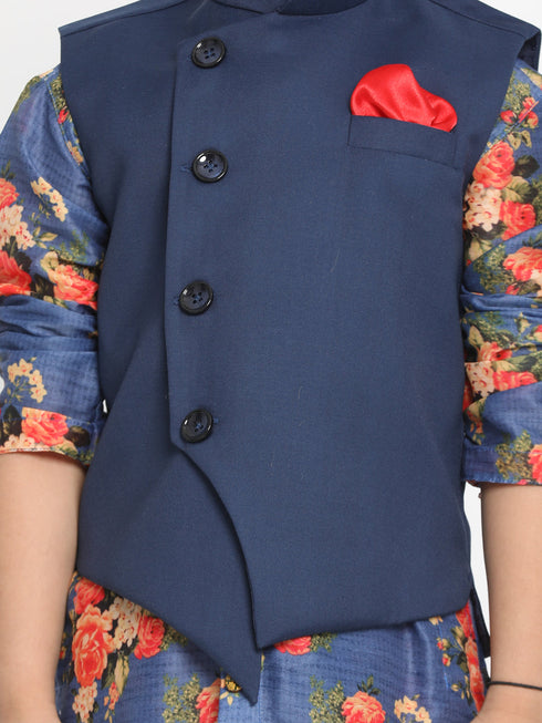 JBN CREATION Blue Twill Jacket, Printed Kurta and Pyjama Set
