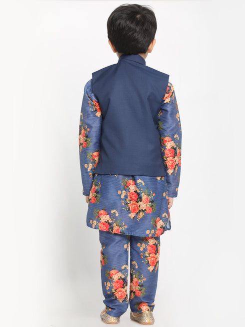 JBN CREATION Blue Twill Jacket, Printed Kurta and Pyjama Set