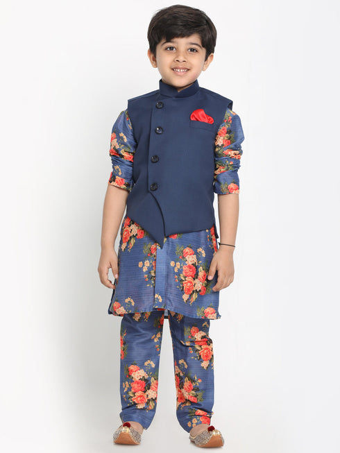JBN CREATION Blue Twill Jacket, Printed Kurta and Pyjama Set