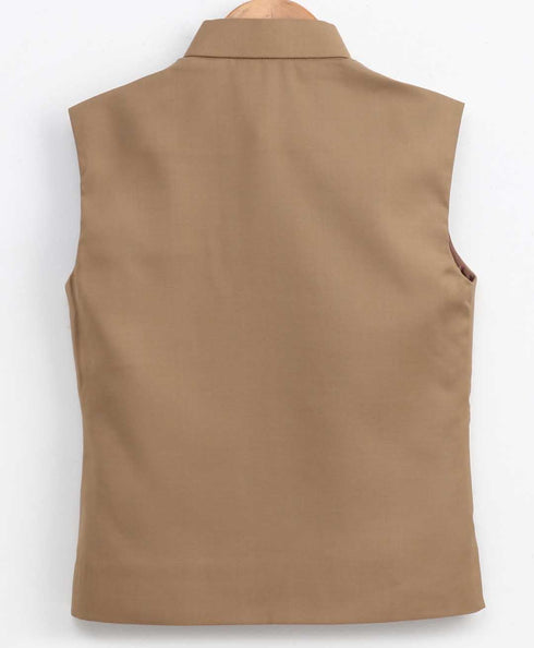 Vastramay Beige Cotton Blend Twill Nehru Jacket