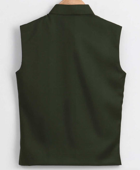 JBN Creation Boy's Dark Green Cotton Blend Twill Nehru Jacket
