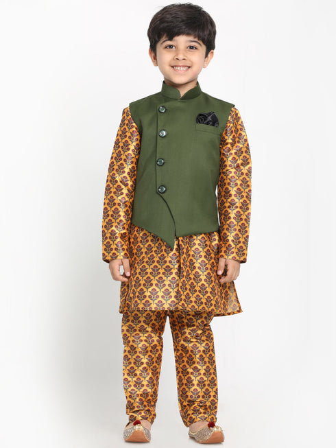 JBN CREATION Boy's Green Twill Jacket, Printed Kurta and Pyjama Set