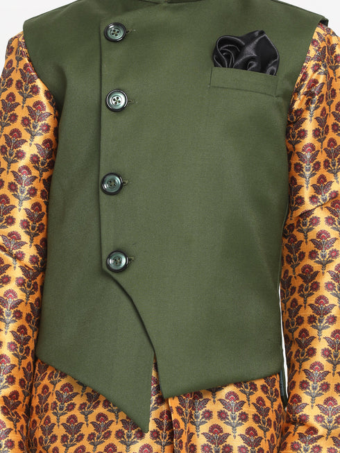 JBN CREATION Boy's Green Twill Jacket, Printed Kurta and Pyjama Set