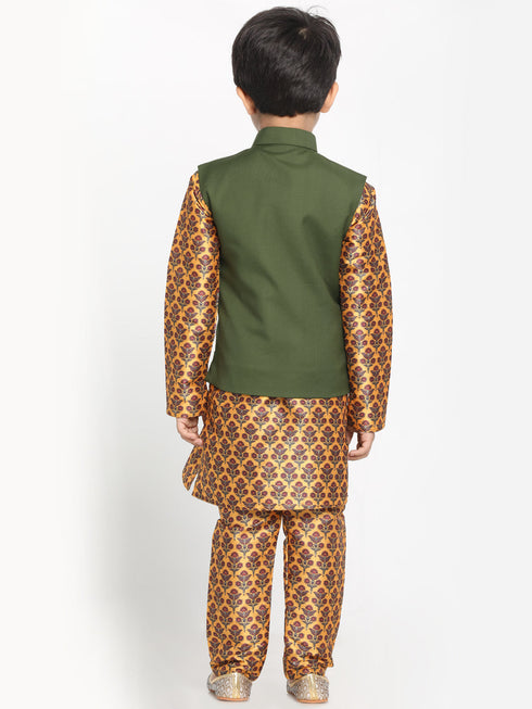 JBN CREATION Boy's Green Twill Jacket, Printed Kurta and Pyjama Set