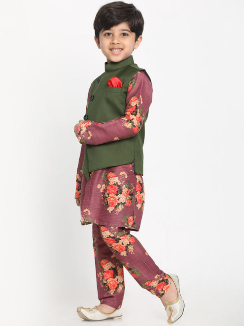JBN CREATION Boy's Green Twill Jacket, Printed Kurta and Pyjama Set