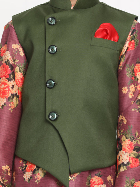 JBN CREATION Boy's Green Twill Jacket, Printed Kurta and Pyjama Set