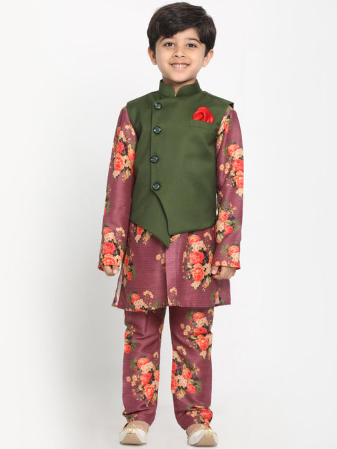 JBN CREATION Boy's Green Twill Jacket, Printed Kurta and Pyjama Set
