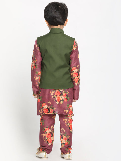 JBN CREATION Boy's Green Twill Jacket, Printed Kurta and Pyjama Set