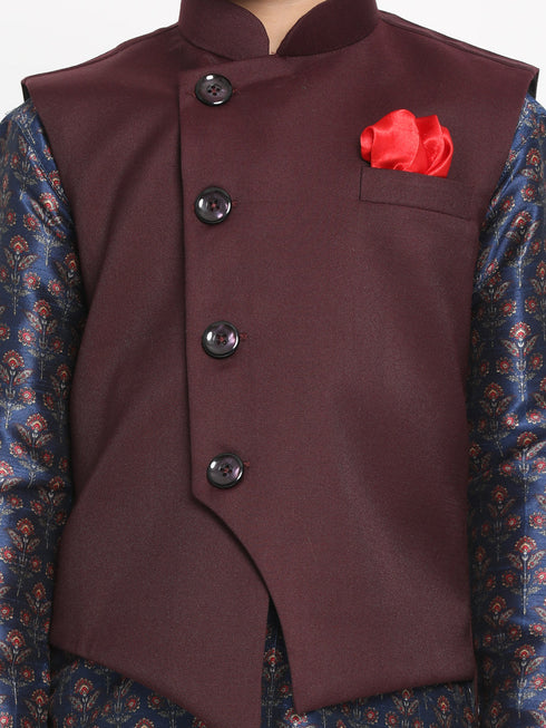 JBN CREATION Boy's Maroon Twill Jacket, Printed Kurta and Pyjama Set
