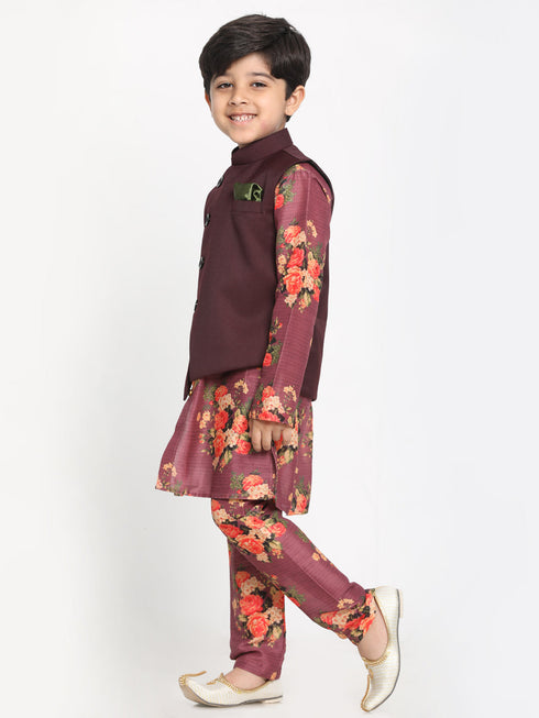 JBN CREATION Boy's Maroon Twill Jacket, Printed Kurta and Pyjama Set