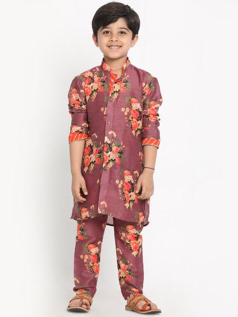 JBN CREATION Boy's Maroon Twill Jacket, Printed Kurta and Pyjama Set