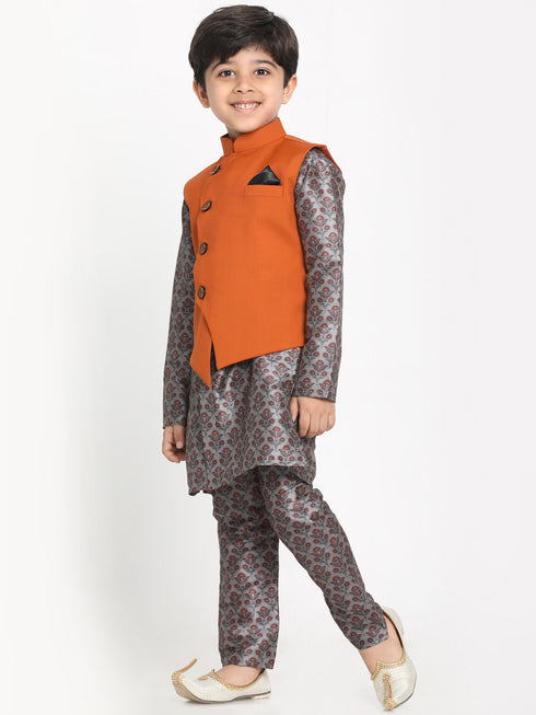 JBN CREATION Boy's Orange Twill Jacket, Printed Kurta and Pyjama Set