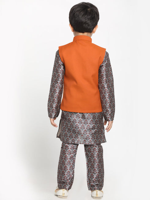 JBN CREATION Boy's Orange Twill Jacket, Printed Kurta and Pyjama Set